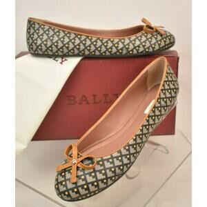 NIB BALLY DULCINA FAWN COATED CANVAS LOGO LEATHER BOW BALLET FLATS US 10 ITALY